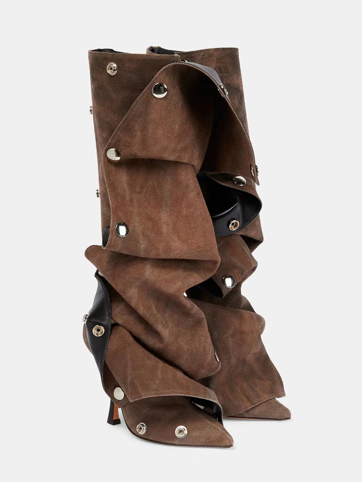 Studded Ruched Stacked Heel Long Boots