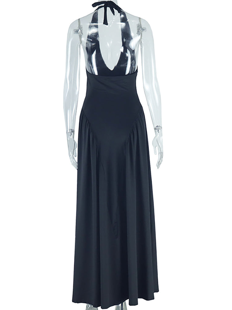 Elegant Halter Neck Solid Color Dress