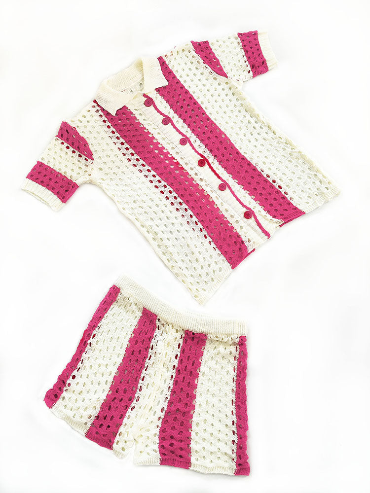 Hollow Out Collar Knit Shorts Set
