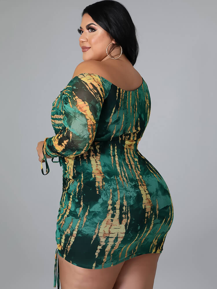 One Shoulder Tie Dye Drawstring Mini Dress