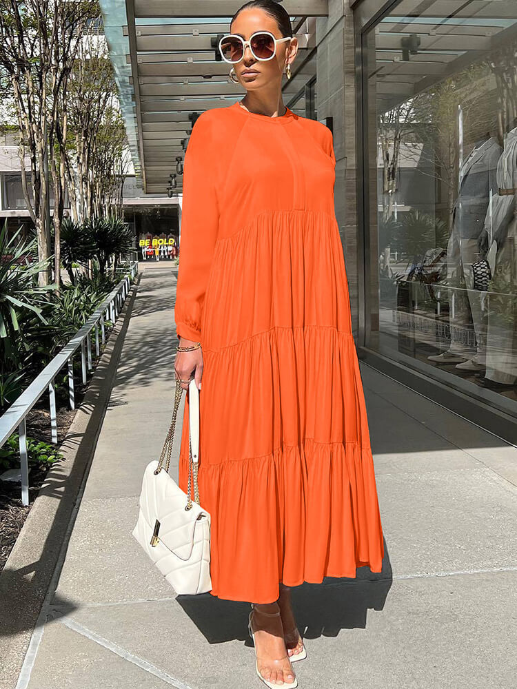 Long Sleeve Solid Ruffle Swing Maxi Dress