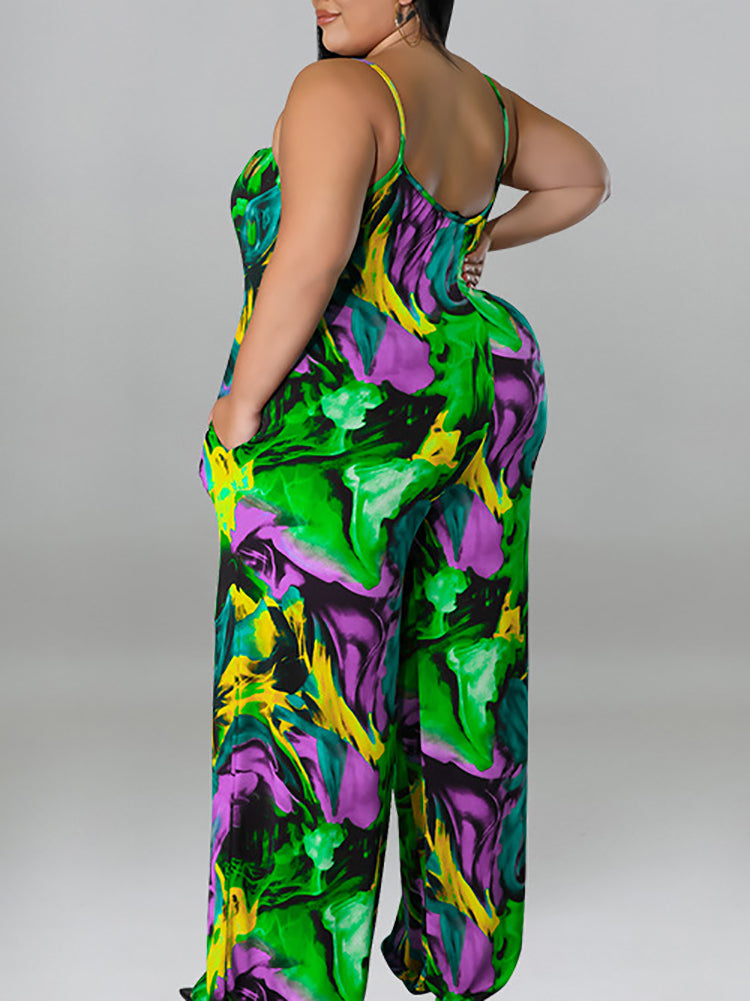 Plus Size Floral Print Strap Jumpsuit with Belt