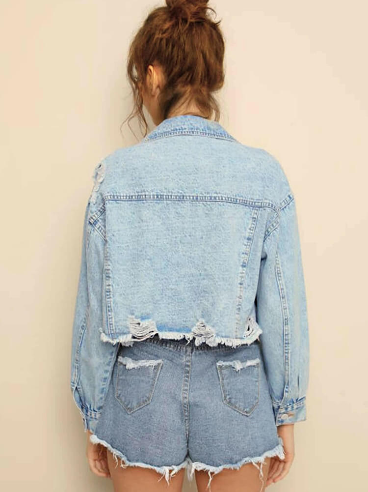 Denim Long Sleeve Ripped Hem Short Jacket