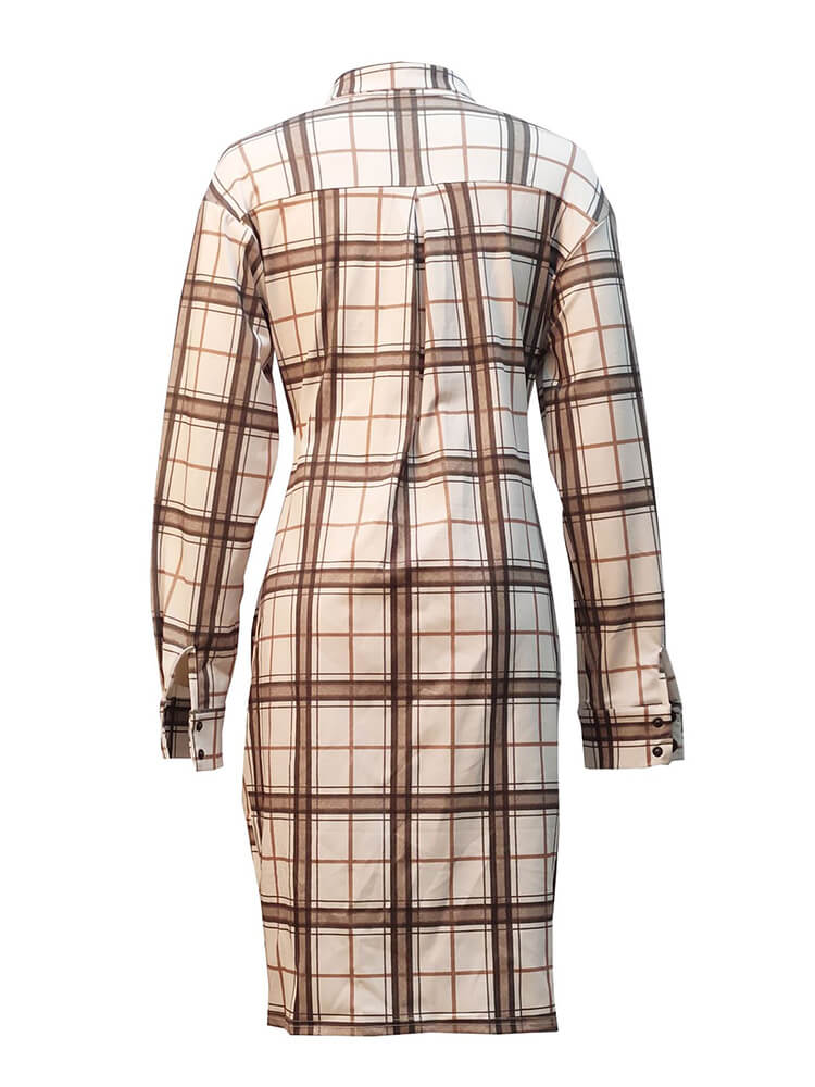 Long Sleeve Plaid Print Ruched Midi Dress