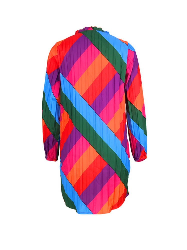 Long Sleeve Color Block Pleated Mini Dress