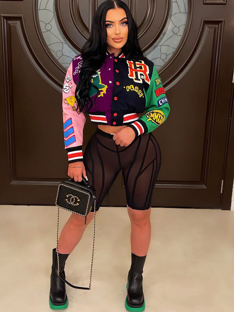 Long Sleeve Color Block Printed Baseball Jacket