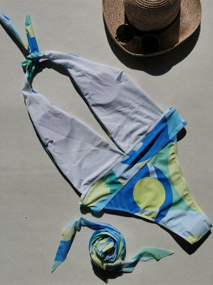 Two Piece Geometric Sleeveless Halter Neck Swimsuit