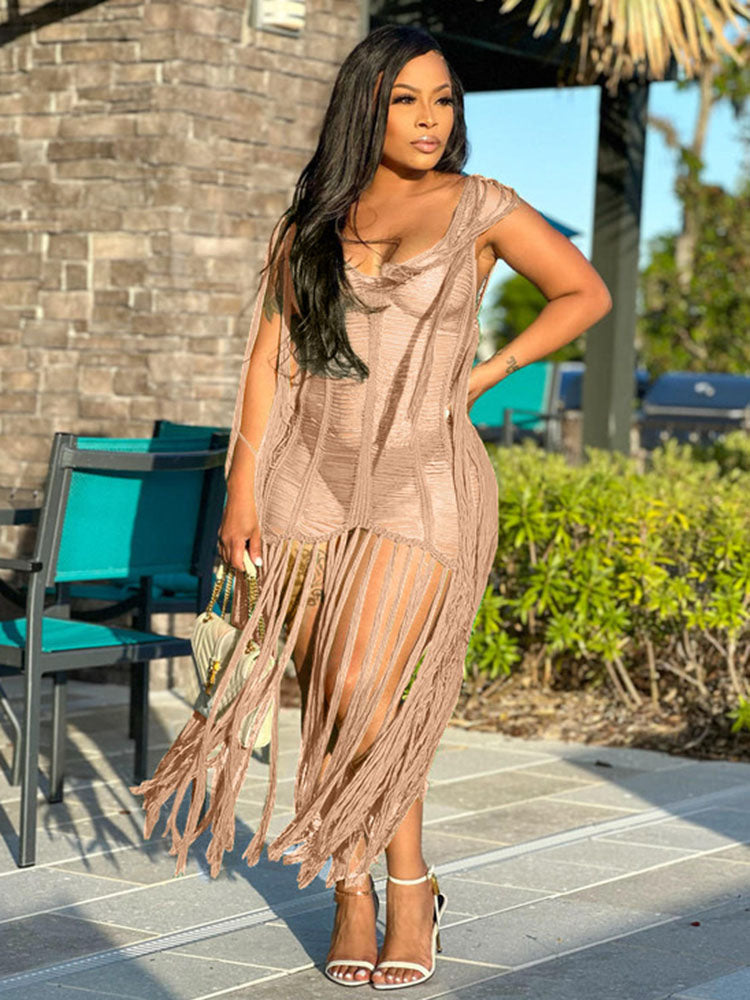 Tassel Hollow Out Fringed Beach Maxi Dress