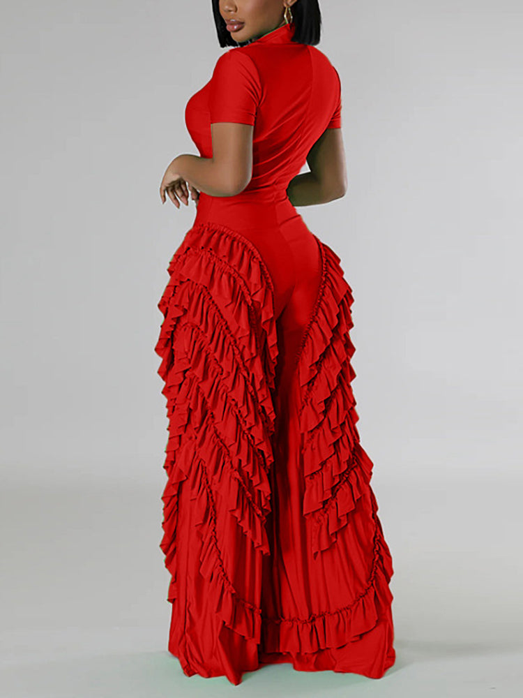 Two Pieces Short Sleeve Ruffle Trim Jumpsuit