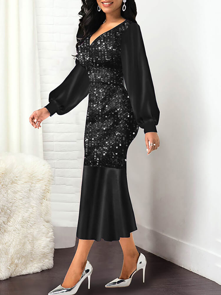 Lantern Sleeve Sequin Patchwork Midi Dress