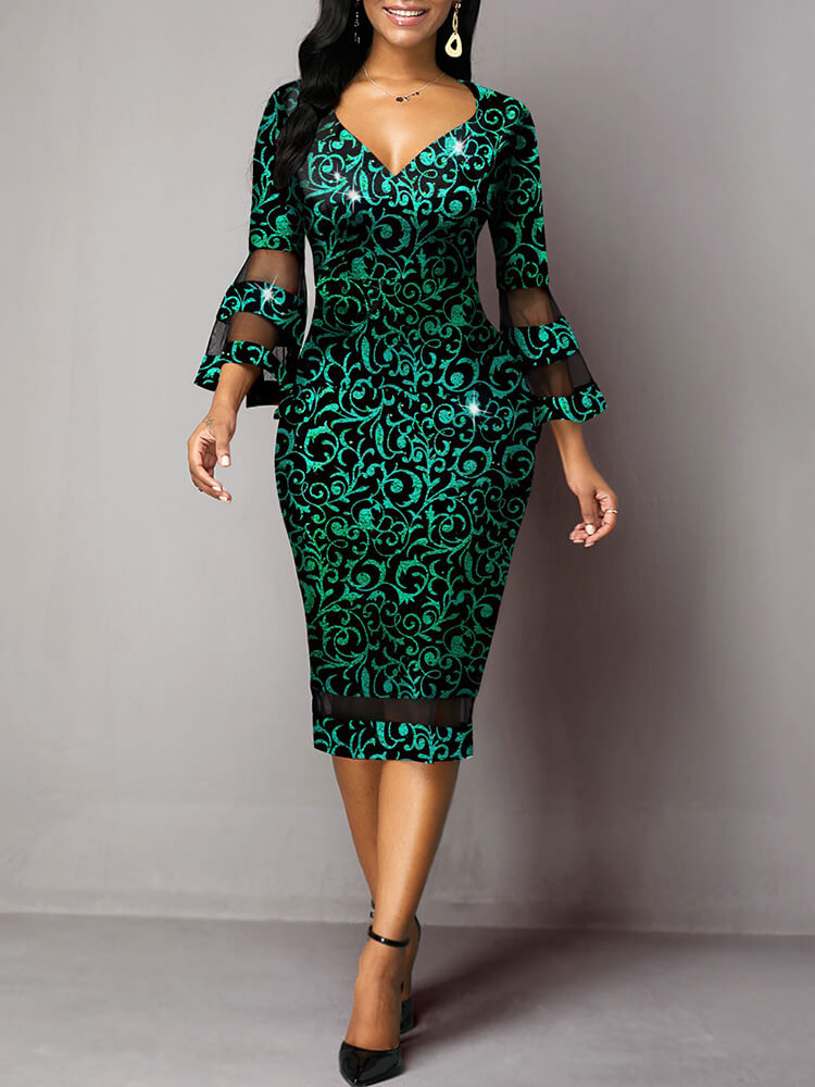 Bell Sleeve Floral Print Bodycon Midi Dress