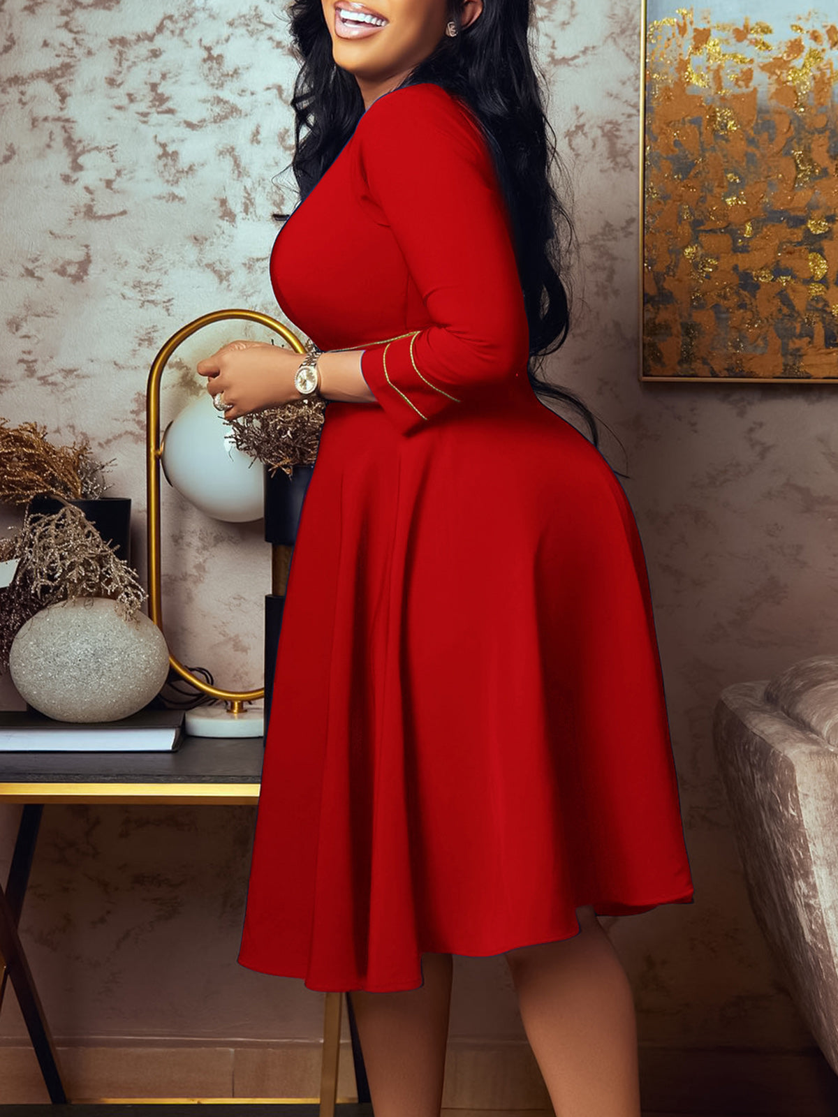 Plus Size Short Sleeve Stand Collar Party Swing Dress