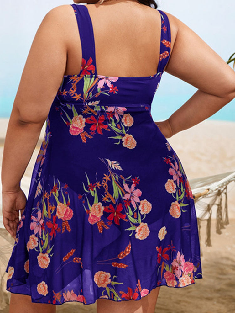 Plus Size Floral Print Mesh Bikini Romper