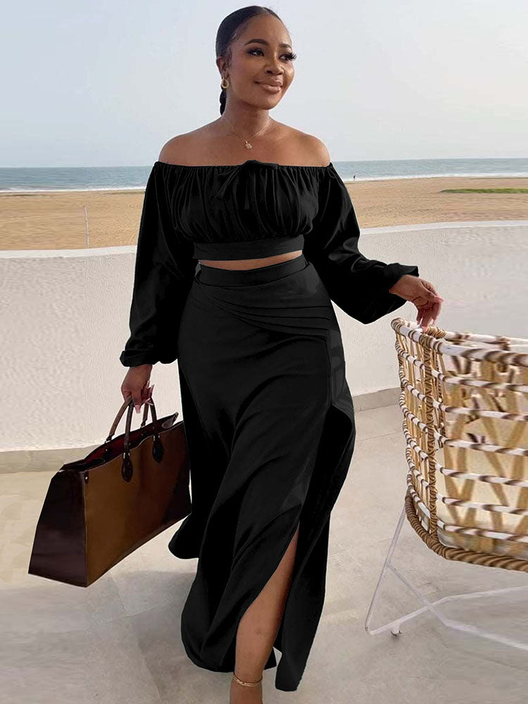 Lantern Sleeve Plus Size Two-Piece Set