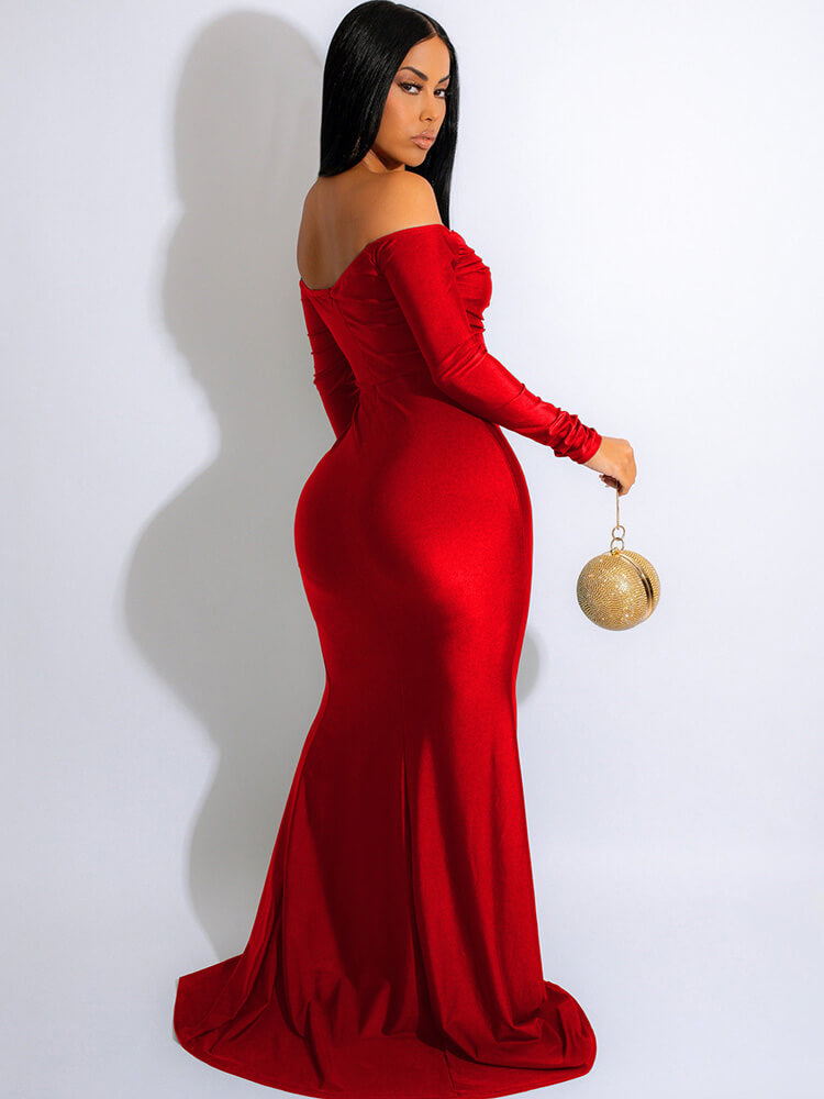 Long Sleeve Off Shoulder Ruched Maxi Dress