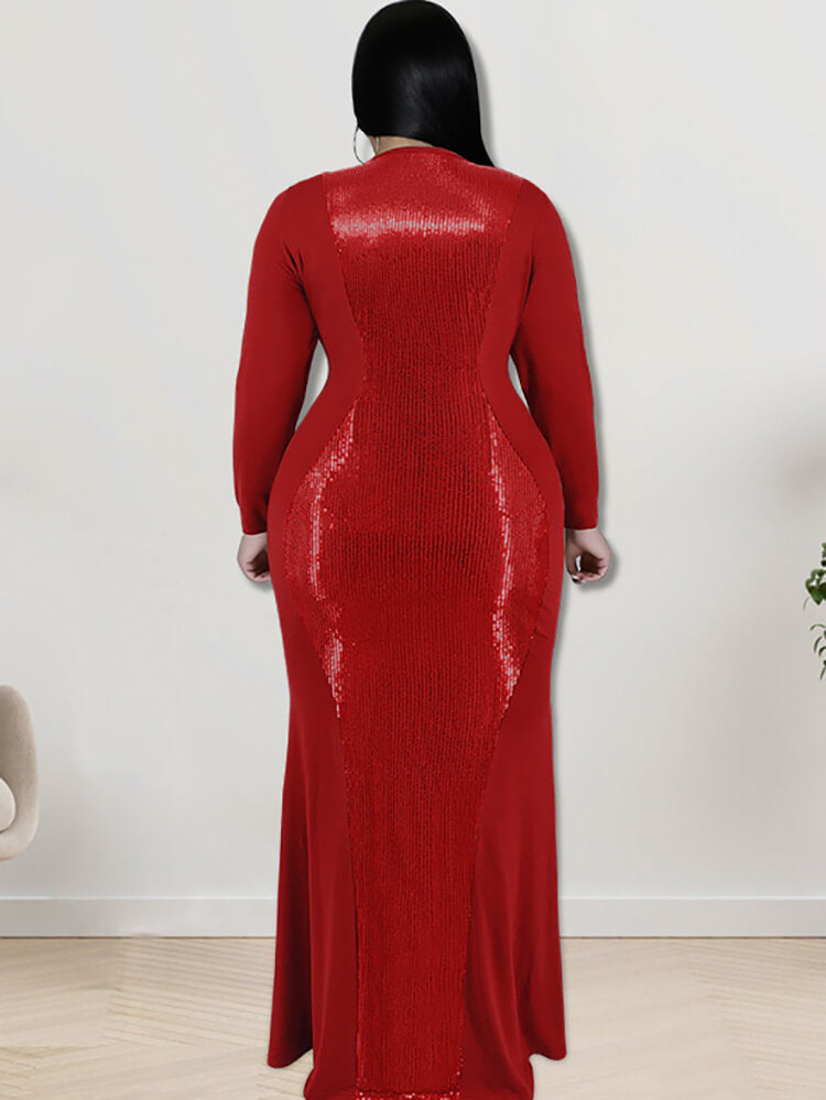 Long Sleeve Sequin Patchwork Maxi Dress