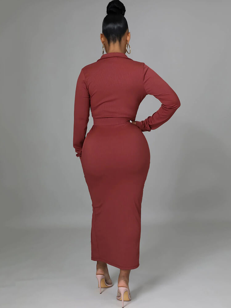 Long Sleeve V Neck Split Midi Dress