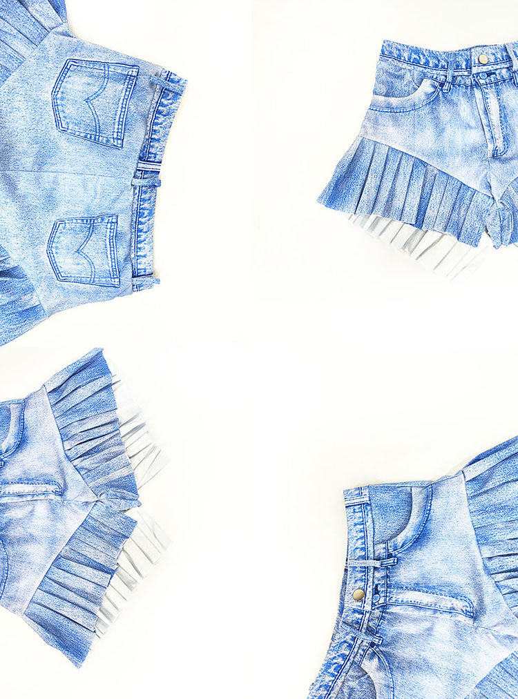 Denim Print Ruffled Hem Casual Shorts