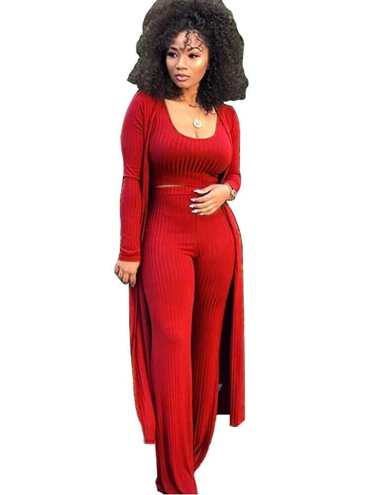 Three Pieces Set Crop Top Long Kimono Cardigan Pants