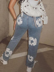 Flower Printed Denim Jeans