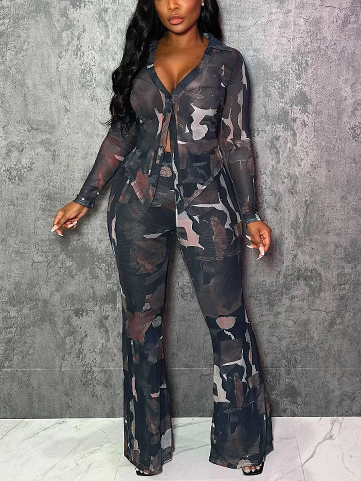 Two Piece Mesh Print Shirt Pants Set