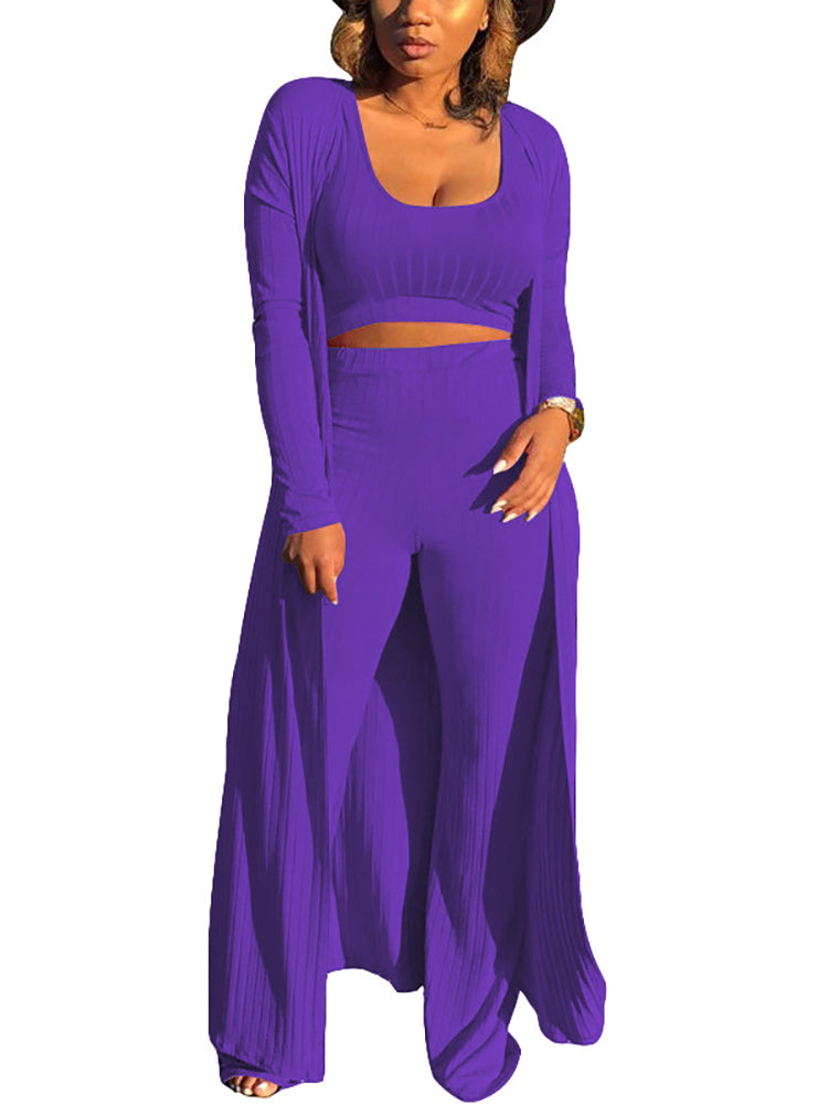 Three Pieces Set Crop Top Long Kimono Cardigan Pants