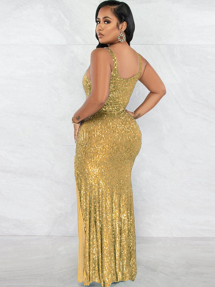 Sequin Sleevelesss Split Bodycon Maxi Dress