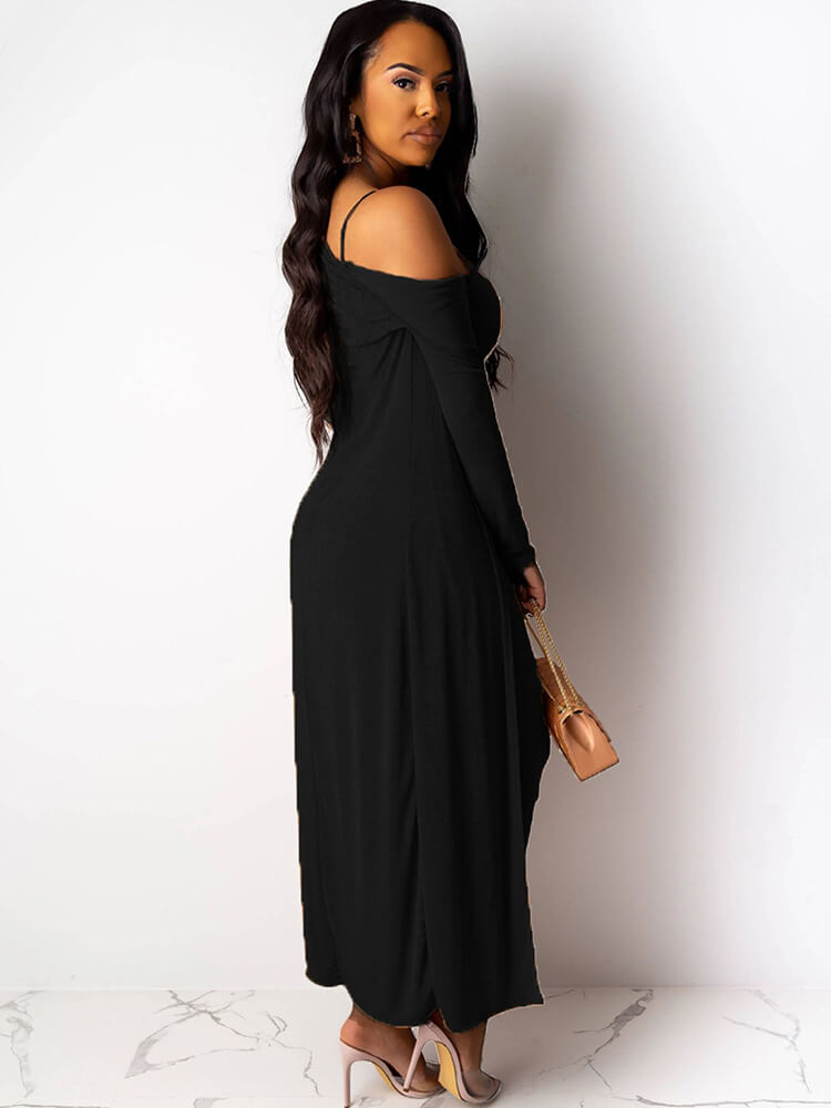 Two Piece Long Sleeve Coat Spaghetti Strap Dress