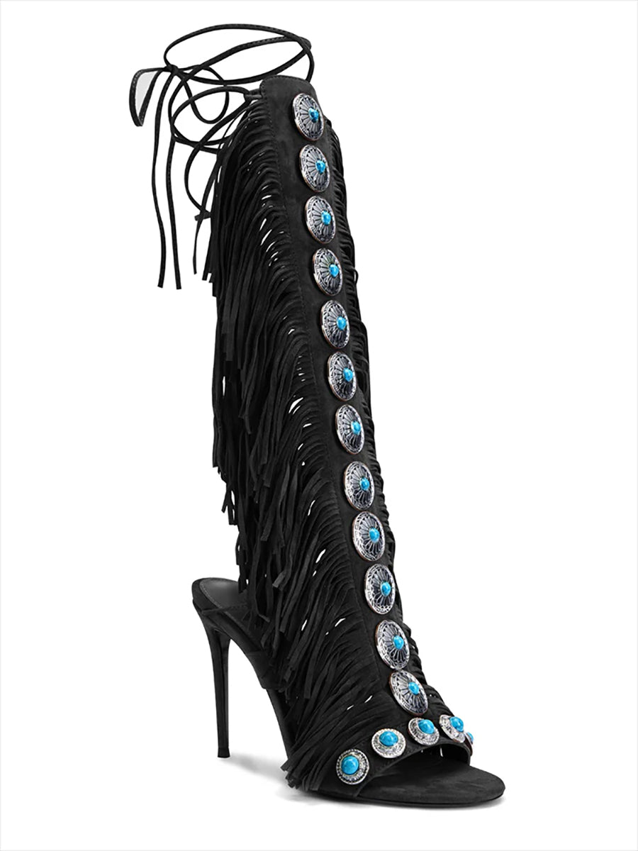 Boho Gemstone Lace-Up Fringe Heeled Sandals