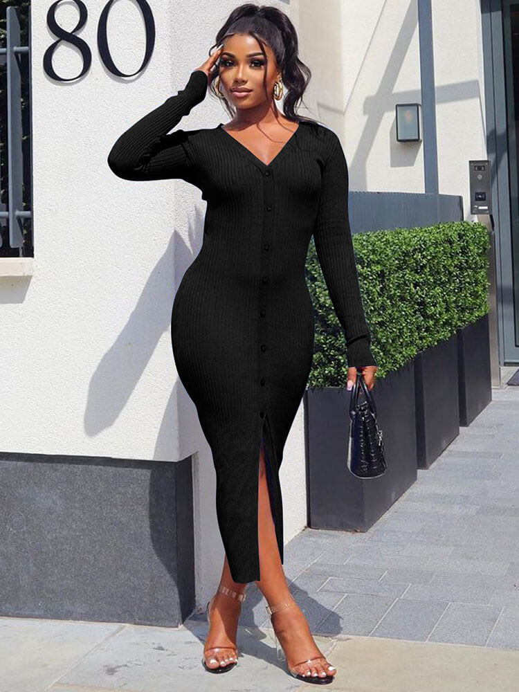 Ribbed Knitted Split Bodycon Midi Dress