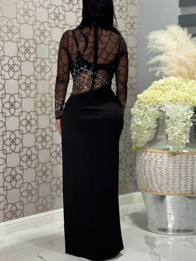 Rhinestone Mesh Maxi Split Dress