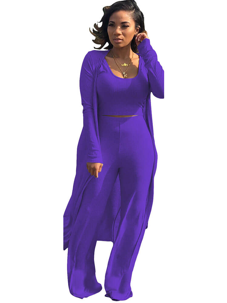 Three Pieces Set Crop Top Long Kimono Cardigan Pants