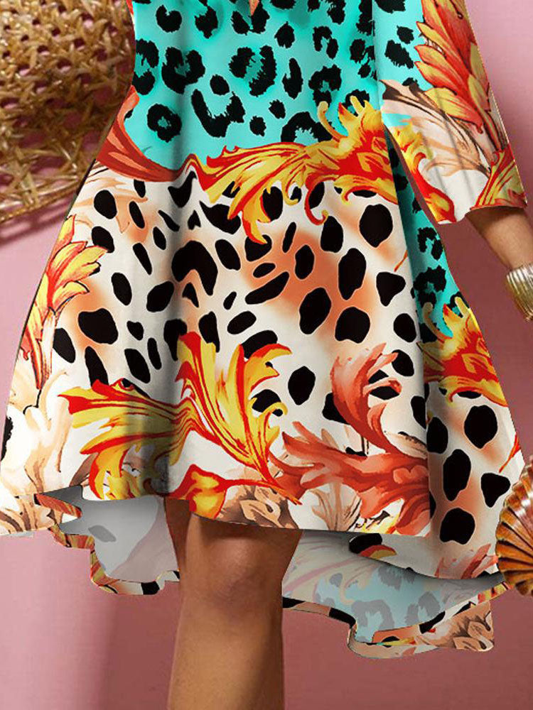 Long Sleeves V Neck Print Midi Dress