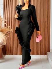 Long Sleeve Ruffle Hem Back Cut-Out Dress