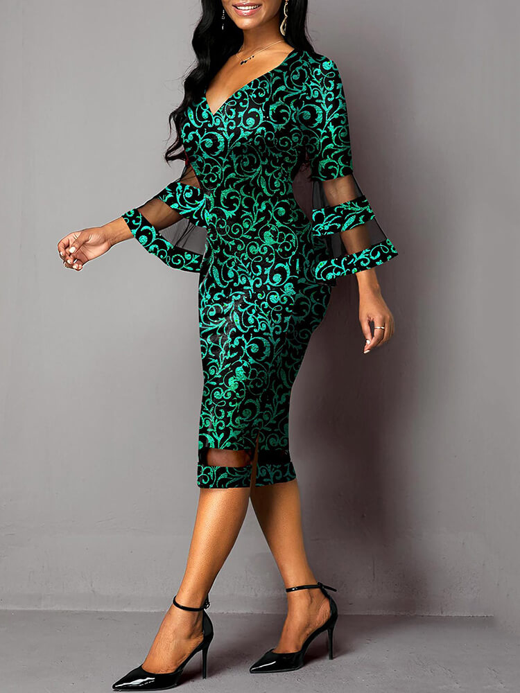 Bell Sleeve Floral Print Bodycon Midi Dress