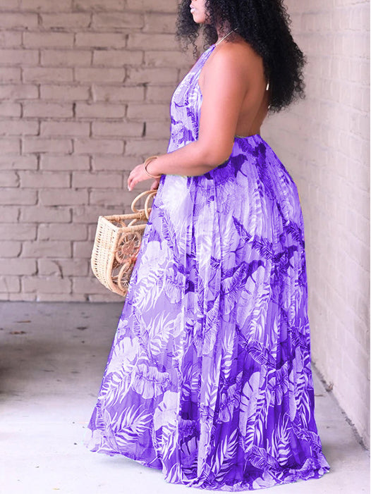 Plus Size Printed Halter Neck Maxi Dress