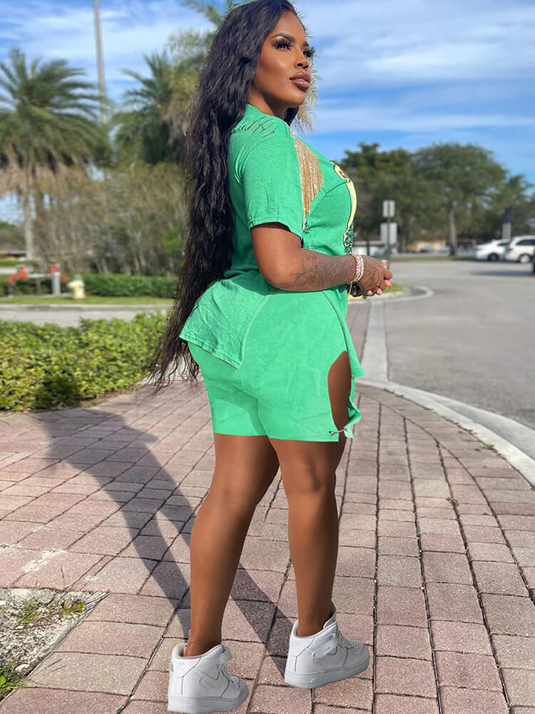 Two Piece Short Sleeve Figure Print Top Slit Shorts