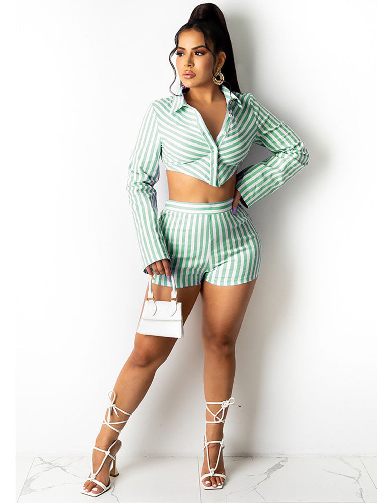 Two Piece Striped Print Shirt Shorts