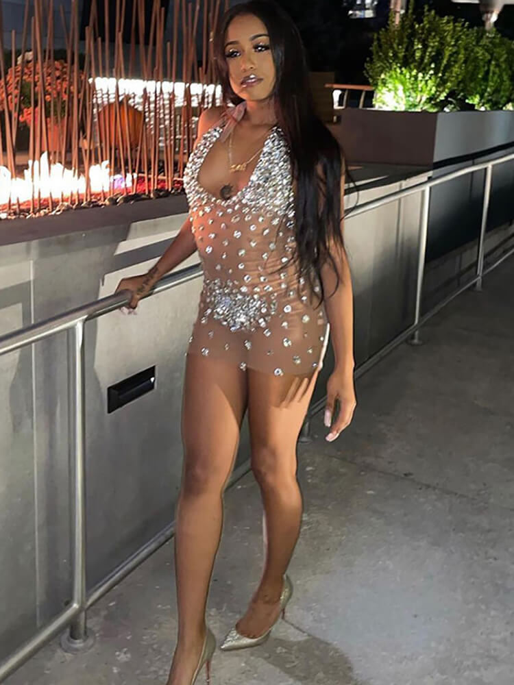 Rhinestone Patchwork Sleeveless Bodycon Mini Dress