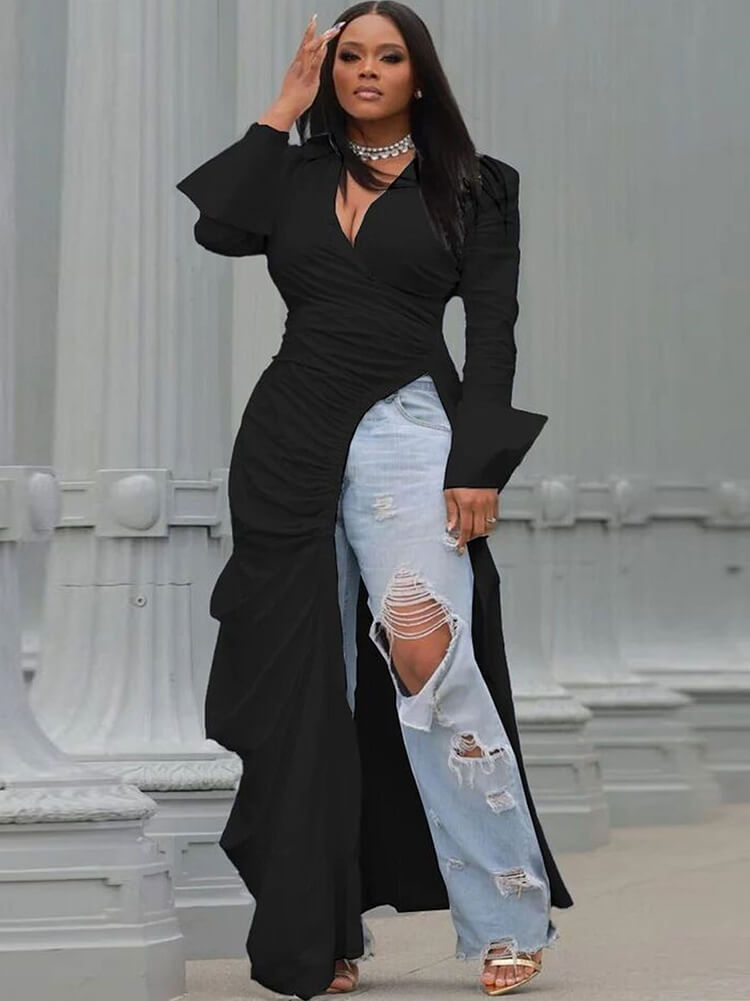 Long Sleeve V Neck Ruched Split Top