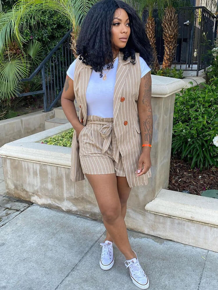 Stripes Casual Two Piece Blazer Vest Suit