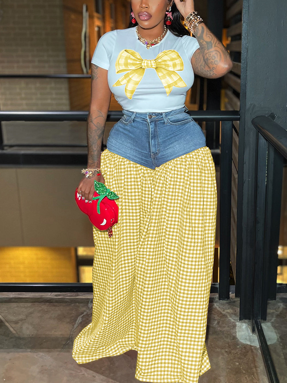 Bow Tie Print Top Denim Plaid Wide-Leg Pants Sets