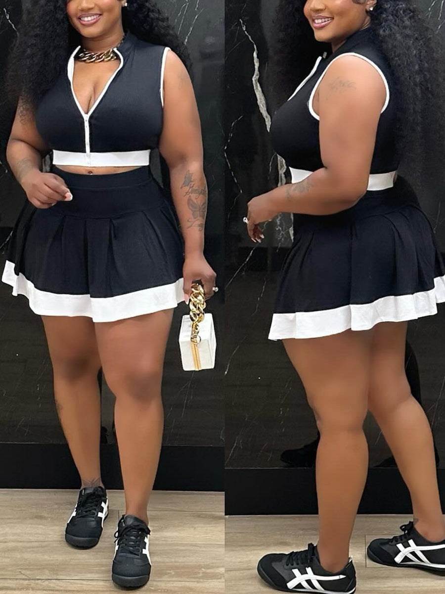 Sleeveless Zip-Up Crop Top Pleated Skirt Set