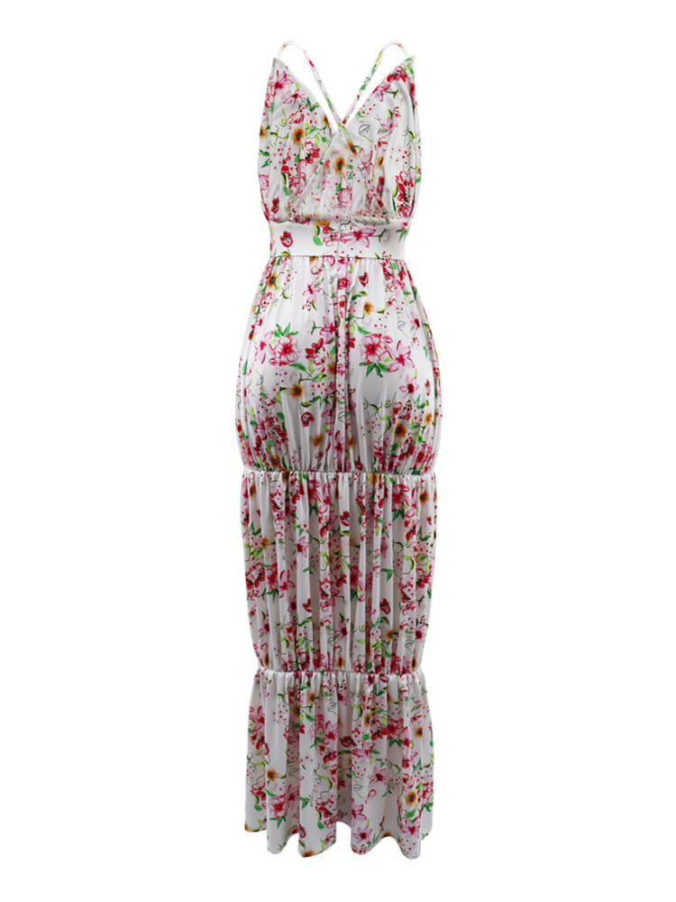 Spaghetti Strap Floral Print Backless Maxi Dress