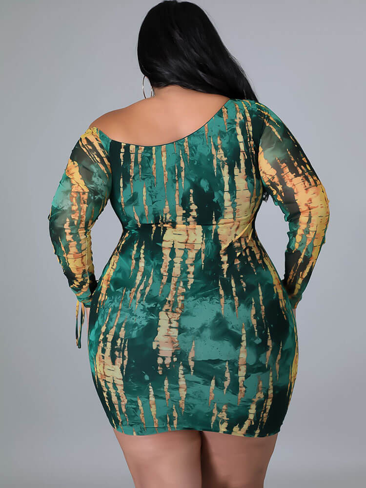 One Shoulder Tie Dye Drawstring Mini Dress