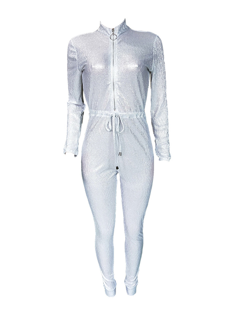 Long Sleeve Sequin Belted Jumpsuit