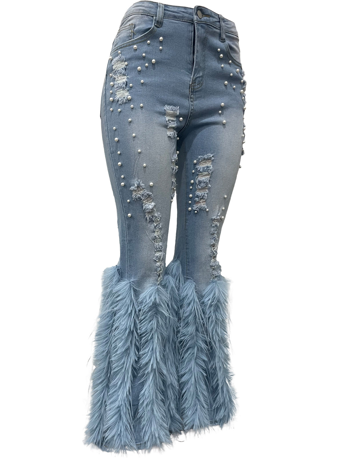 Feather Beaded Distressed Flare Jeans