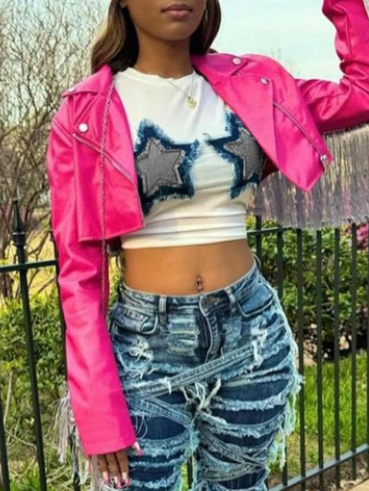 Patchwork Star Cropped Round Neck T-Shirt