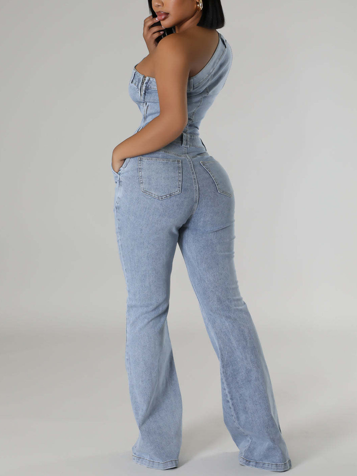 Asymmetrical Shoulder Denim Jumpsuit