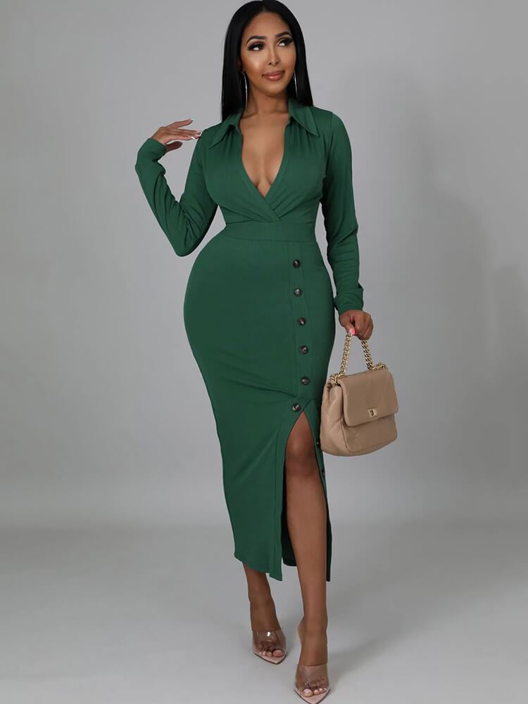Long Sleeve V Neck Split Midi Dress